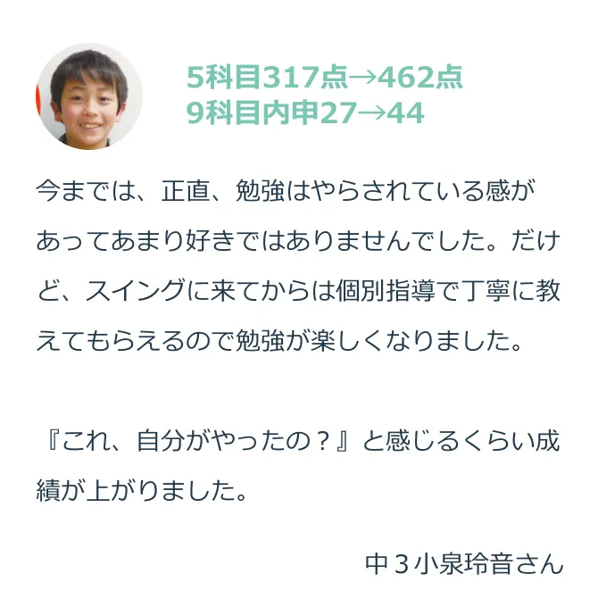 5科目317点→462点 9科目内申27→44